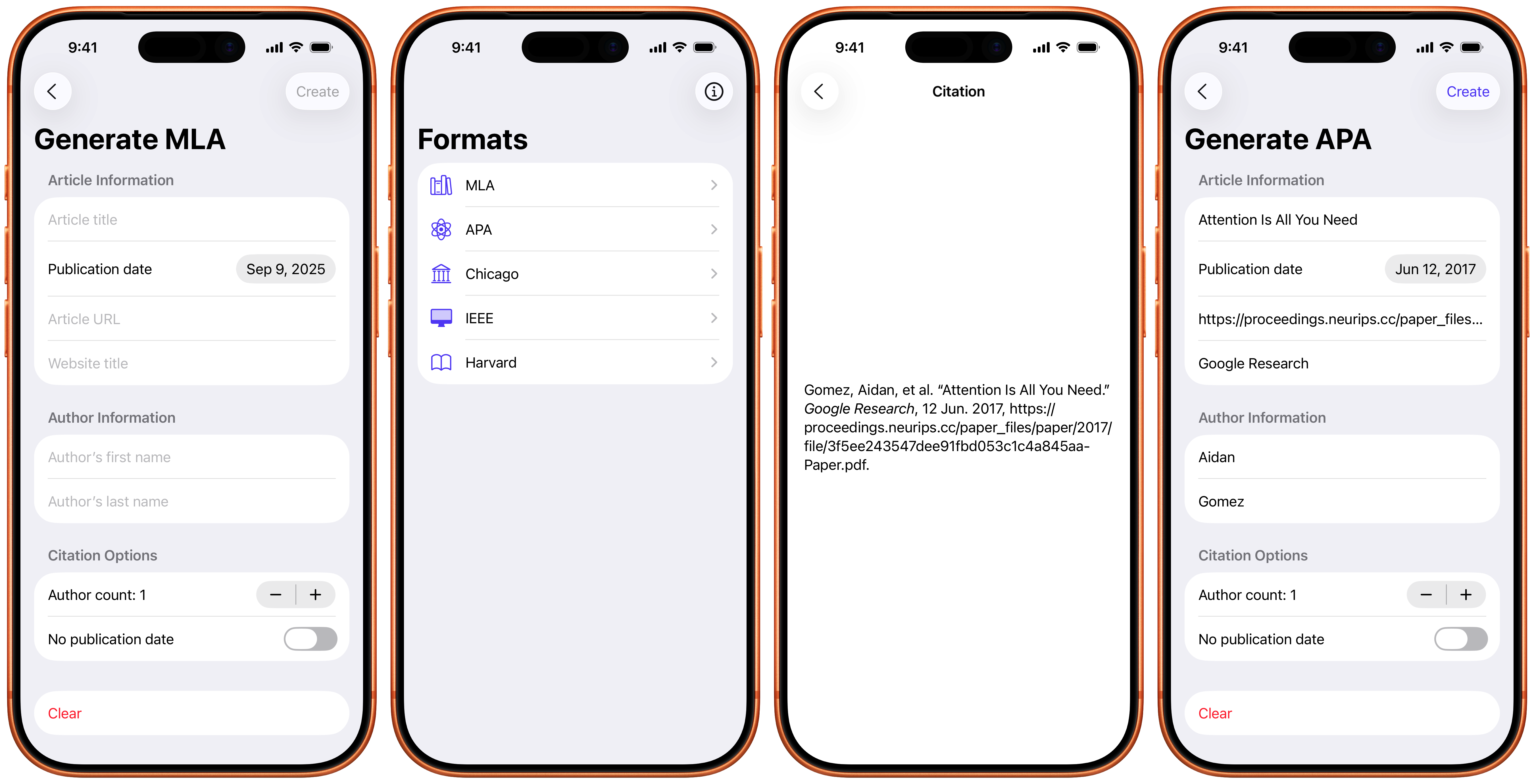 Four screenshots of Citations running on an iPhone.