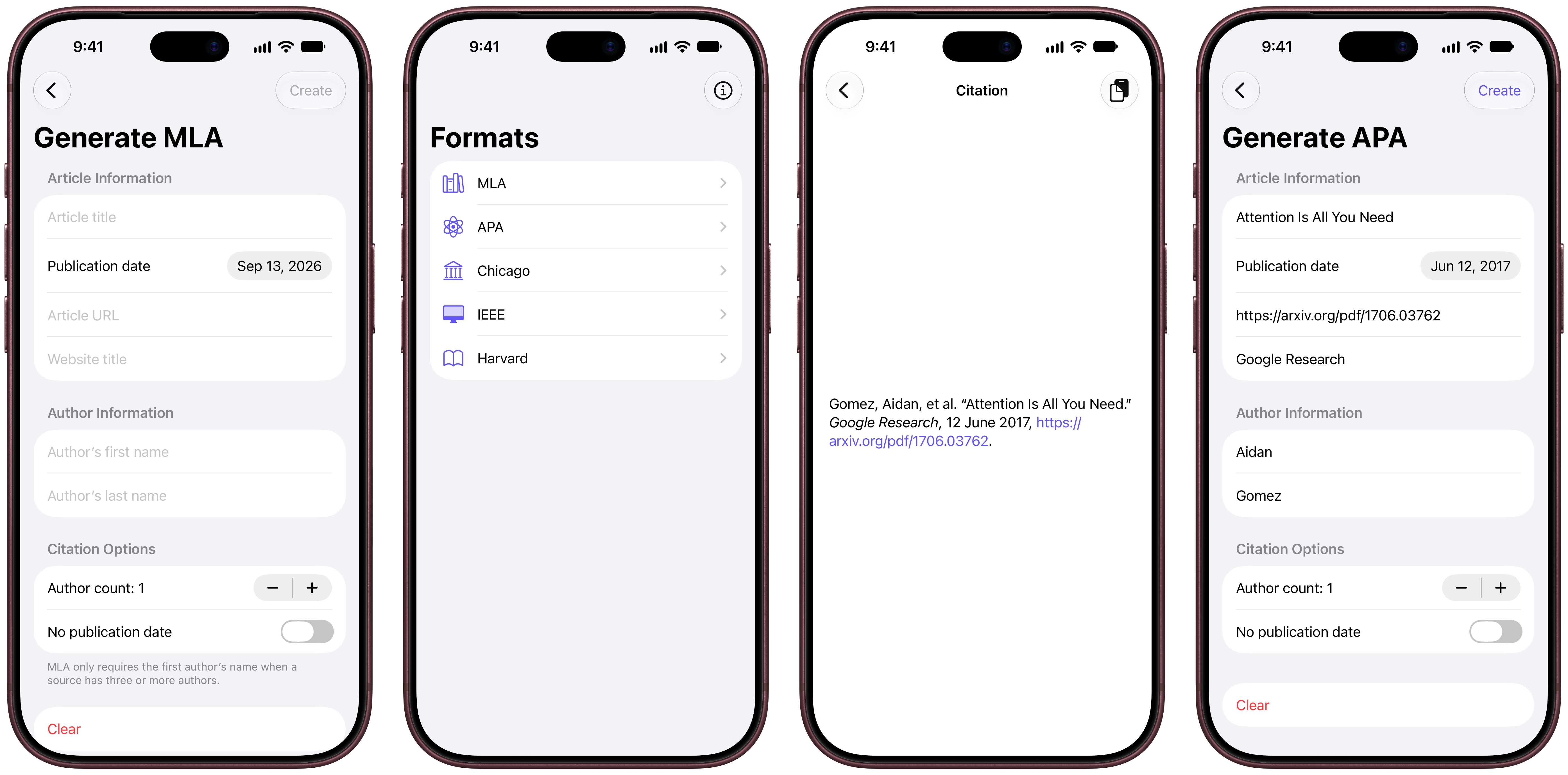 Four screenshots of Citations running on an iPhone.